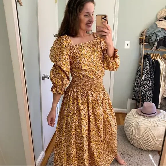 RIXO London Floral Dainty Ditsy Cottagecore Orange Maxi Dress Puff Sleeve M - Picture 6 of 16